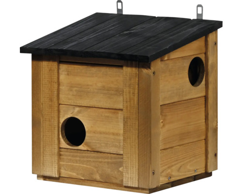 Holzvogelhaus mit zwei Einfluglöchern und Dach