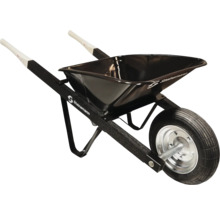 Schwarze Schubkarre mit Reifen und Holzgriffen