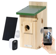 Nichoir avec panneau solaire, caméra et vue sur smartphone de la famille d'oiseaux