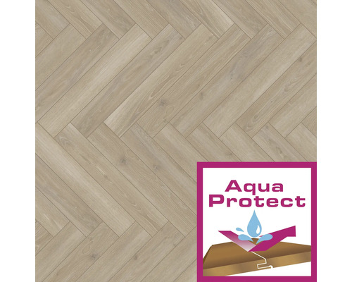 Parkettboden im Fischgrätmuster mit Aqua Protect Siegel