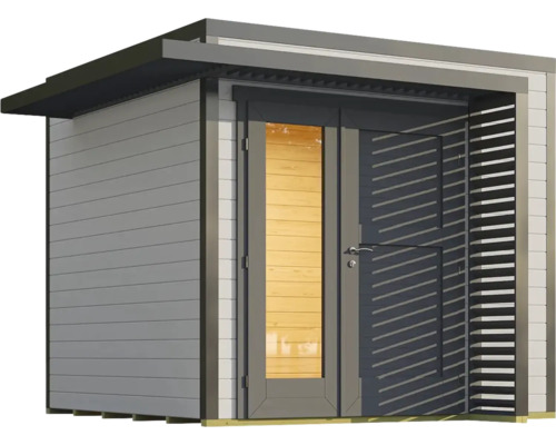 Modernes Gartenhaus mit Holzwänden, Fenster und seitlichem Sichtschutz