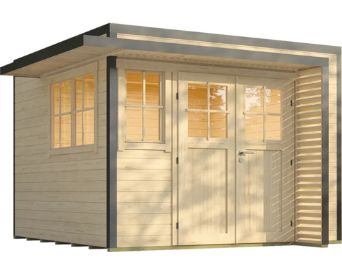 Abri de jardin en bois avec fenêtres et double porte