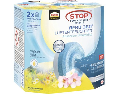 Pattex Luftentfeuchter Aero 360° Nachfüllpackung Tabs Wildblume 2 x 450g Pattex Stop Luftentfeuchter Aero 360 Grad Nachfüllpackung für Wildblumenwiese