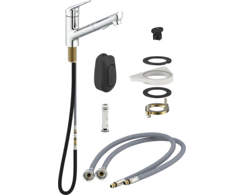 Robinet de cuisine avec accessoires et flexibles de raccordement.