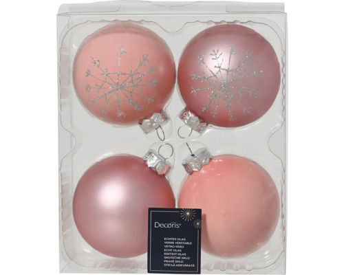 Vier rosa Christbaumkugeln aus Glas, zwei davon mit Schneeflockenmuster