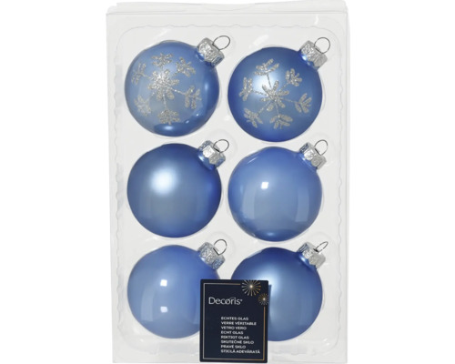 Sechs blaue Weihnachtskugeln aus Glas, einige mit Schneeflockenmuster, in einer transparenten Verpackung