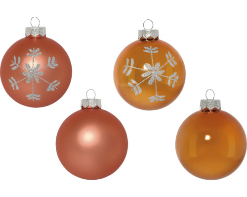 Mehrere Weihnachtsbaumkugeln aus Glas, einige davon mit Schneeflockenmuster