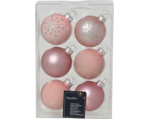 Packung mit sechs rosa Weihnachtskugeln aus Glas mit Schneeflockenmuster