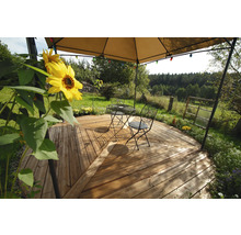 Scène de jardin avec terrasse en bois, pavillon, table et chaises de jardin