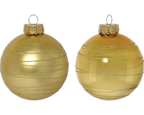 Zwei goldfarbene Weihnachtskugeln mit Dekor