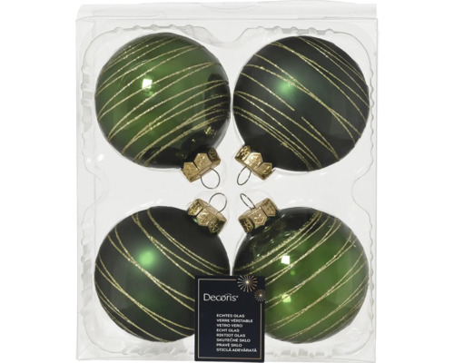 Vier grüne Christbaumkugeln aus Glas mit goldenen Streifen im Set