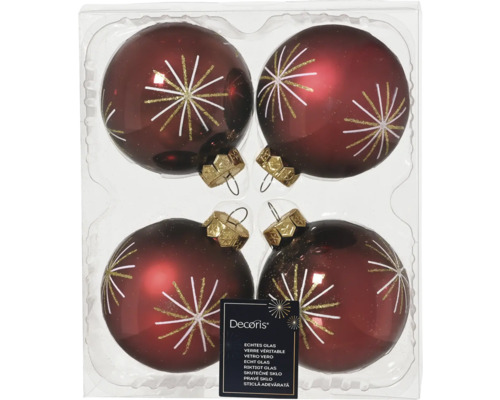 Vier Christbaumkugeln aus Glas mit Sternmuster in Verpackung