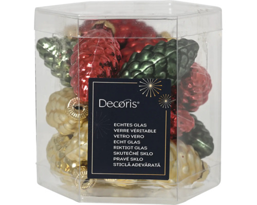 Verpackung mit Christbaumschmuck in Zapfenform aus Glas