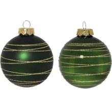 Zwei Christbaumkugeln mit goldenen Zierstreifen