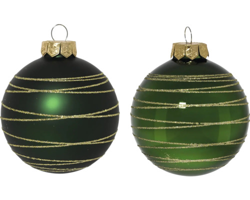 Zwei Christbaumkugeln mit goldenen Zierstreifen