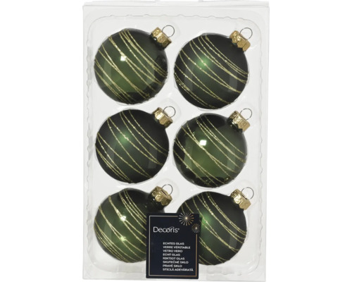 Sechs grüne Weihnachtskugeln aus Glas mit goldenen Streifen