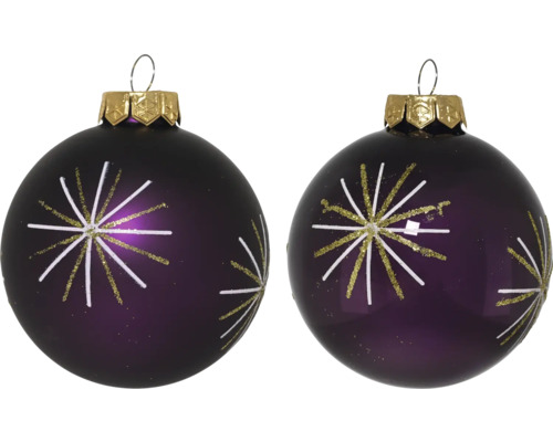 Zwei violette Weihnachtskugeln mit Sternmuster