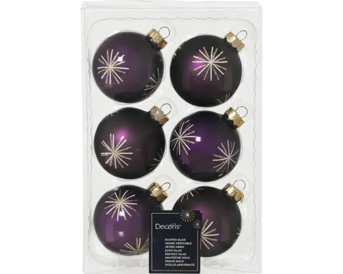 Packung mit sechs violetten Weihnachtskugeln aus Glas mit Sternmuster