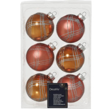 Sechs Christbaumkugeln aus Glas mit Karomuster in Verpackung