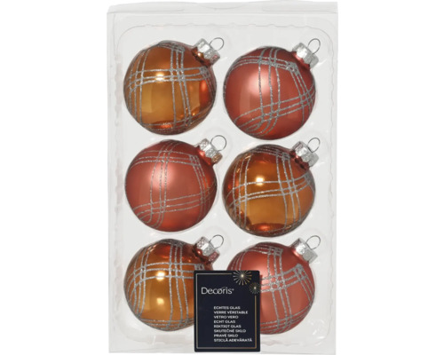 Sechs Christbaumkugeln aus Glas mit Karomuster in Verpackung