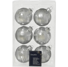 Sechs silberne Weihnachtskugeln mit Gittermuster in einer transparenten Verpackung