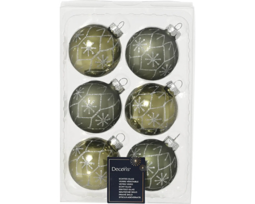 Sechs Christbaumkugeln aus Glas mit Sternmuster im Karton