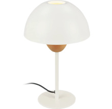 Tischleuchte mit rundem Lampenschirm und Holzdetail