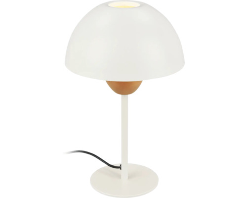 Tischleuchte mit rundem Lampenschirm und Holzdetail