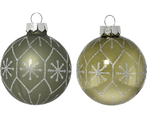 Zwei Christbaumkugeln mit Schneeflockenmuster