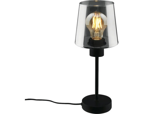 Tischleuchte mit transparentem Lampenschirm und schwarzem Fuss