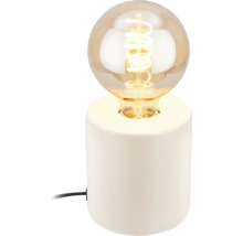 Tischleuchte mit rundem Lampenschirm und zylindrischem Sockel