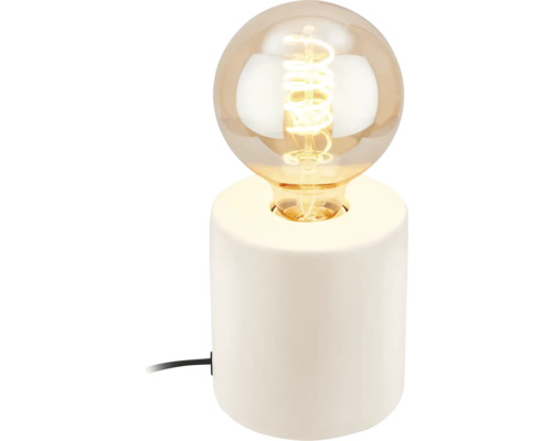 Tischleuchte mit rundem Lampenschirm und zylindrischem Sockel