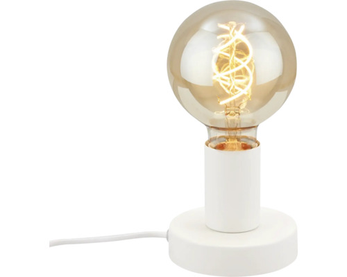 Tischleuchte mit runder Glühbirne auf weißem Sockel