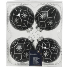Vier schwarze Weihnachtskugeln mit silbernen Schneeflockenmustern in transparenter Verpackung