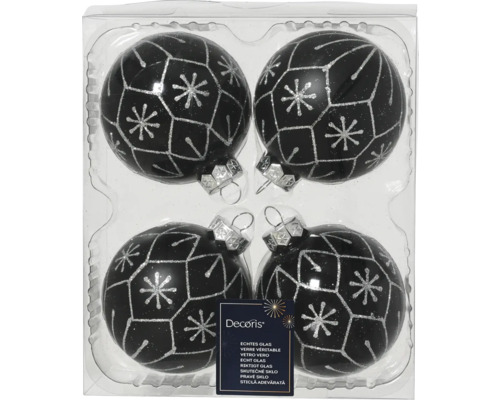 Vier schwarze Weihnachtskugeln mit silbernen Schneeflockenmustern in transparenter Verpackung