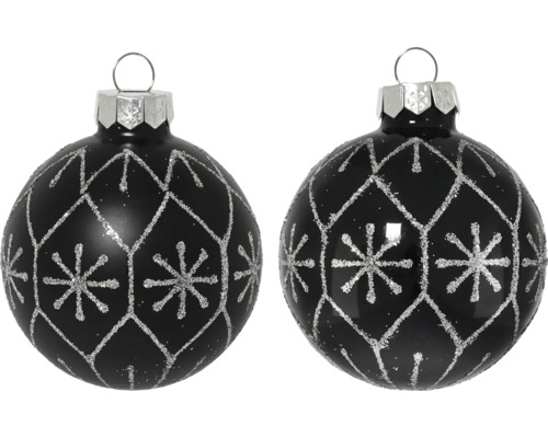 Deux boules de Noël noires avec décor argenté