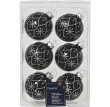 Six boules de Noël noires avec des flocons de neige argentés dans un emballage en plastique