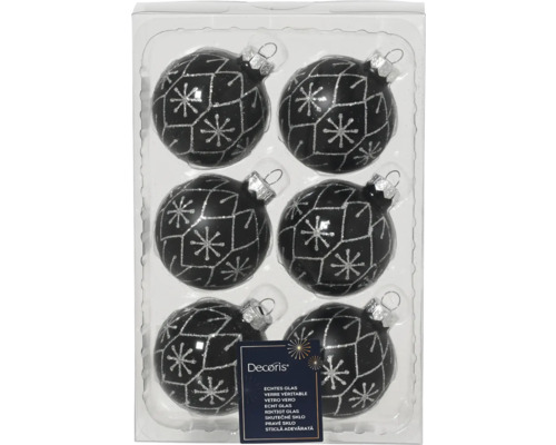 Six boules de Noël noires avec des flocons de neige argentés dans un emballage en plastique