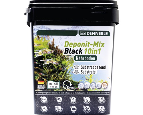 Nährboden DENNERLE Deponit-Mix Black 10in1 9,6 kg Dennerle Deponit-Mix Black 10in1 Nährboden in einer schwarzen Verpackung für Aquarien von 160 bis 250 Liter