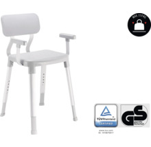 Chaise de douche avec dossier et accoudoirs, hauteur réglable, charge maximale 110 kilogrammes, certificat TÜV Rheinland, label de sécurité contrôlée