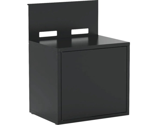 Schwarzer Stahlblechschrank mit Tür und Rückwand mit rechteckigen Aussparungen