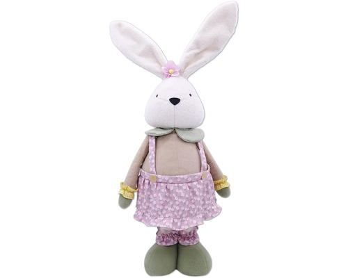 Lapin en peluche avec une salopette et une fleur sur la tête