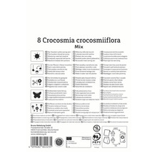 Informationen zu Crocosmia crocosmiiflora Mix, einschließlich Standortanforderungen, Bewässerungshinweisen, Verwendung als Schnittblume, Anziehung von Insekten, mehrjährige Eigenschaften und Vermehrung aus Kulturmaterial.