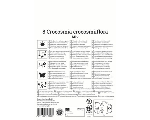 Informationen zu Crocosmia crocosmiiflora Mix, einschließlich Standortanforderungen, Bewässerungshinweisen, Verwendung als Schnittblume, Anziehung von Insekten, mehrjährige Eigenschaften und Vermehrung aus Kulturmaterial.