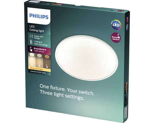 Emballage d''un plafonnier LED Philips avec différents réglages d''éclairage