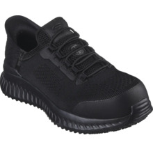 Chaussure de sport noire à lacets Skechers pour homme avec dessus textile et semelle en caoutchouc.