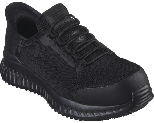 Chaussure de sport noire à lacets Skechers pour homme avec dessus textile et semelle en caoutchouc.