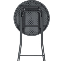 Zusammengeklappter runder Klapptisch mit Stahlgestell