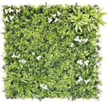 Quadratisches Dekoelement mit künstlichen grünen Pflanzen und weißen Blüten zur Wandgestaltung