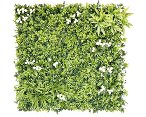 Mur végétal artificiel Desert Oasis 100 x 100 cm Élément décoratif carré avec plantes vertes artificielles et fleurs blanches pour la décoration murale